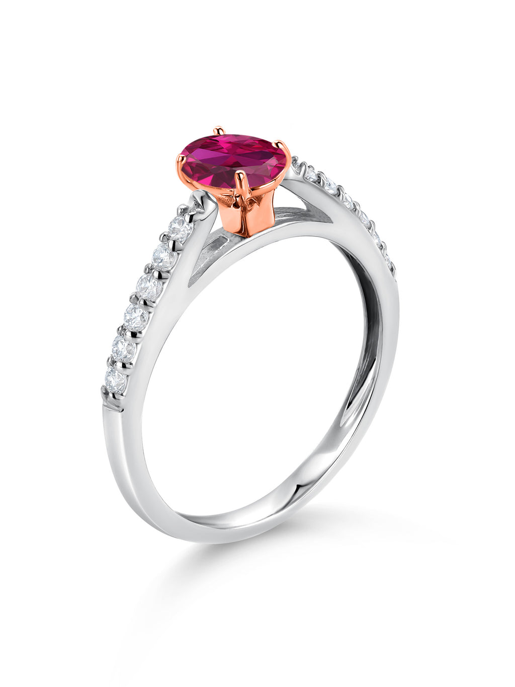 925 Silver 10K Rose Gold Red Created Ruby White Lab Grown Diamond Engagement Ring Oval 6X4MM N5052