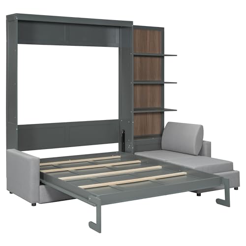 Queen Size Wooden Murphy Bed with Shelves and L-Shape Sofa N54397