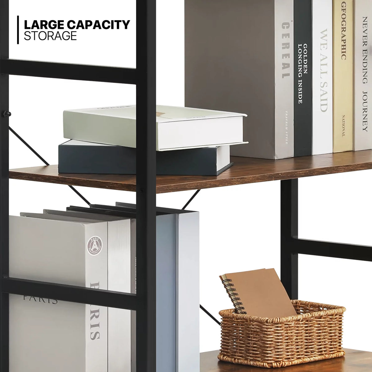 5 Shelves Rustic Bookcase with Metal Frame N125473