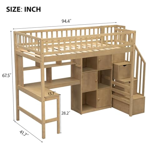 Twin Size Wood Loft Bed with Desk and Storage M4252