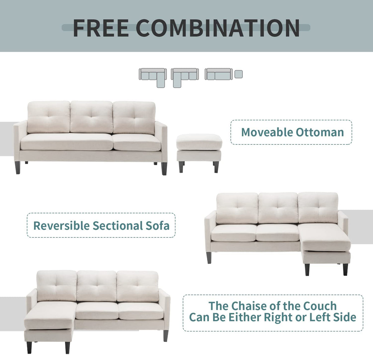 Beige Reversible Sectional Sofa with Ottoman B69094