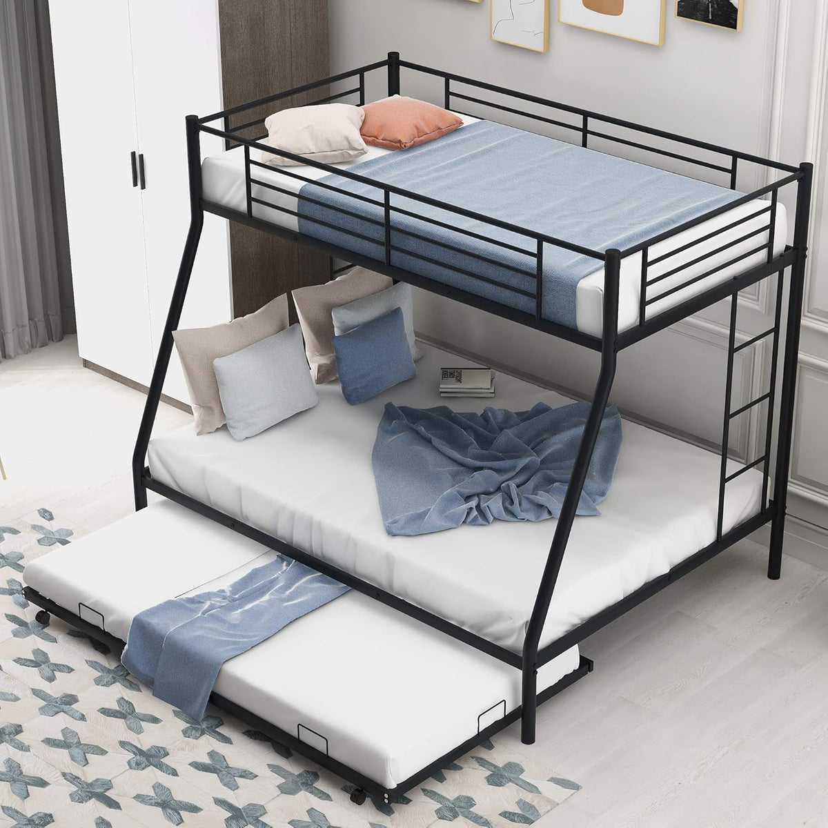 Black Twin Over Twin Metal Bunk Bed with Trundle L5215