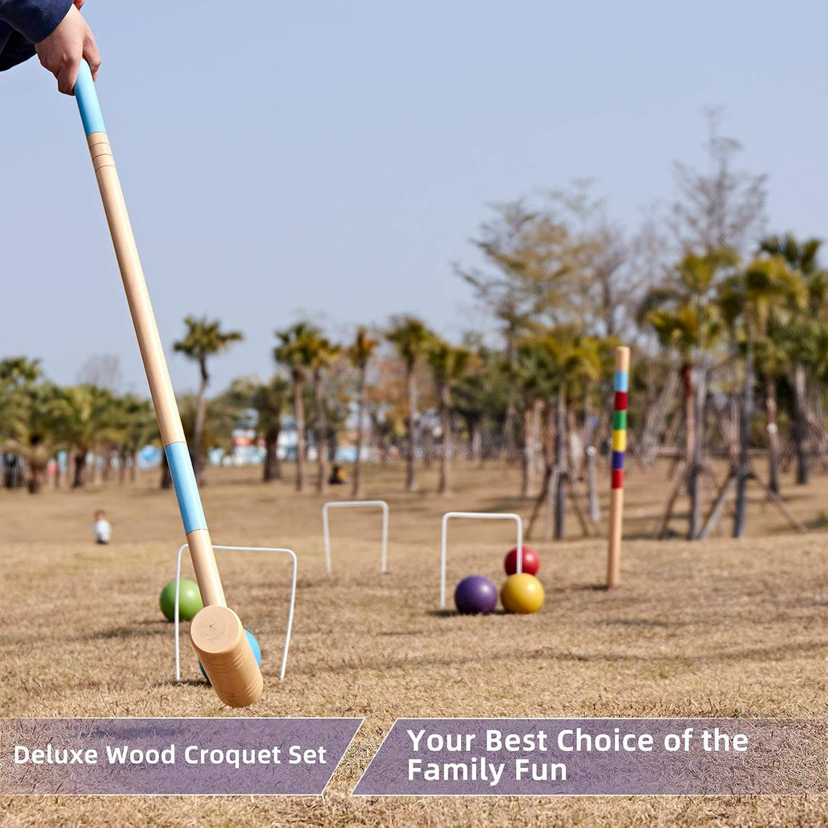 35In Six Players Croquet Set with Pine Wooden Mallets, Colored Ball, Wickets, Stakes, Large Carry Bag B318081