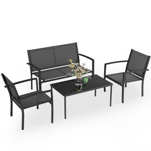 4 Pieces Patio Furniture Set with Glass Coffee Table, Black N363929