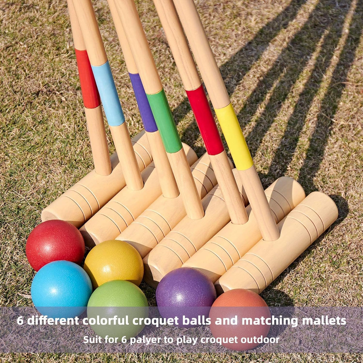 35In Six Players Croquet Set with Pine Wooden Mallets, Colored Ball, Wickets, Stakes, Large Carry Bag B318081