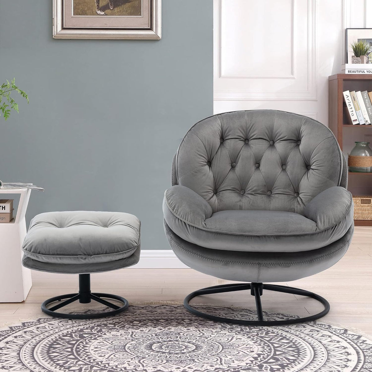 Grey Velvet Swivel Accent Chair with Ottoman and Metal Frame L55712