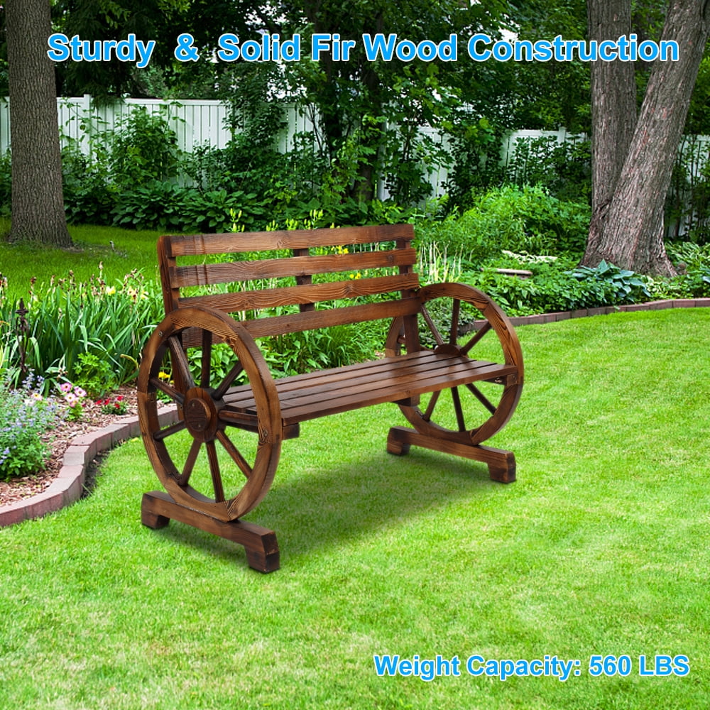 Wooden Wagon Wheel Bench with Backrest D582720