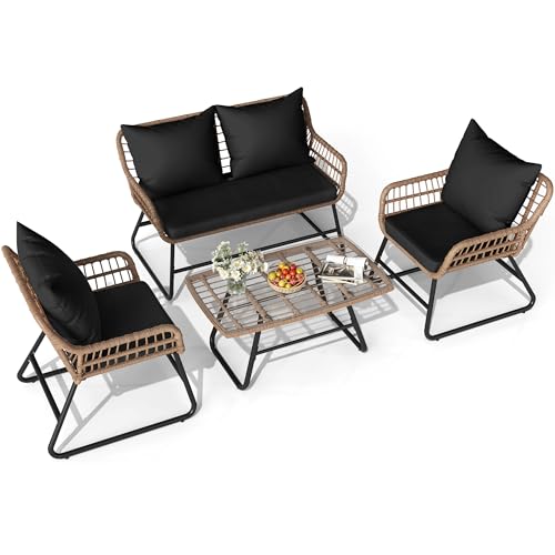 4 Piece Wicker Patio Furniture Set with Cushions and Glass Side Table G432