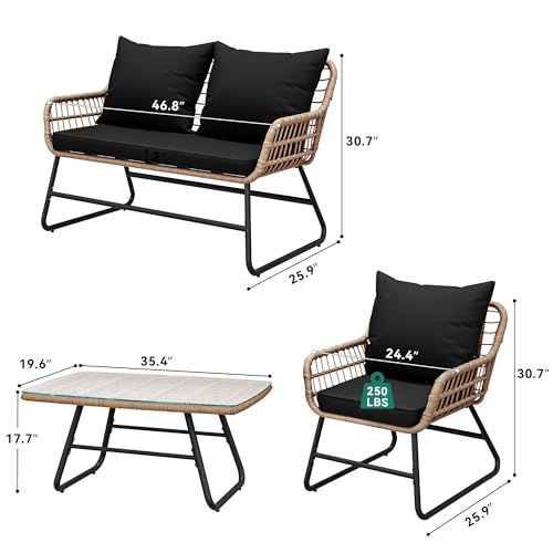 4 Piece Wicker Patio Furniture Set with Cushions and Glass Side Table G432