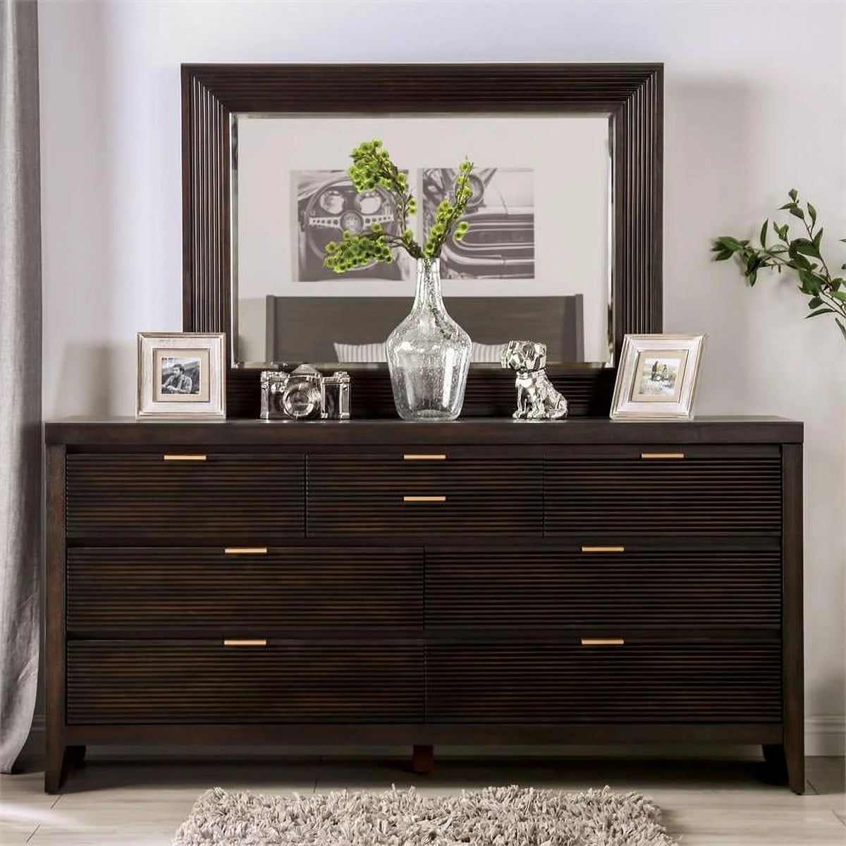 Wood 2-Piece Dresser and Mirror Set in Dark Walnut E334