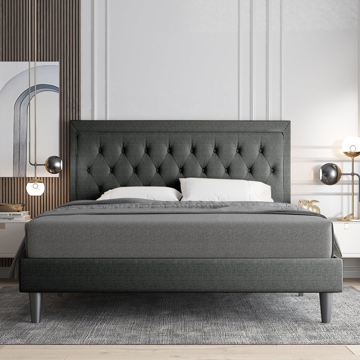 Queen Size Upholstered Platform Bed with Adjustable Headboard A8975