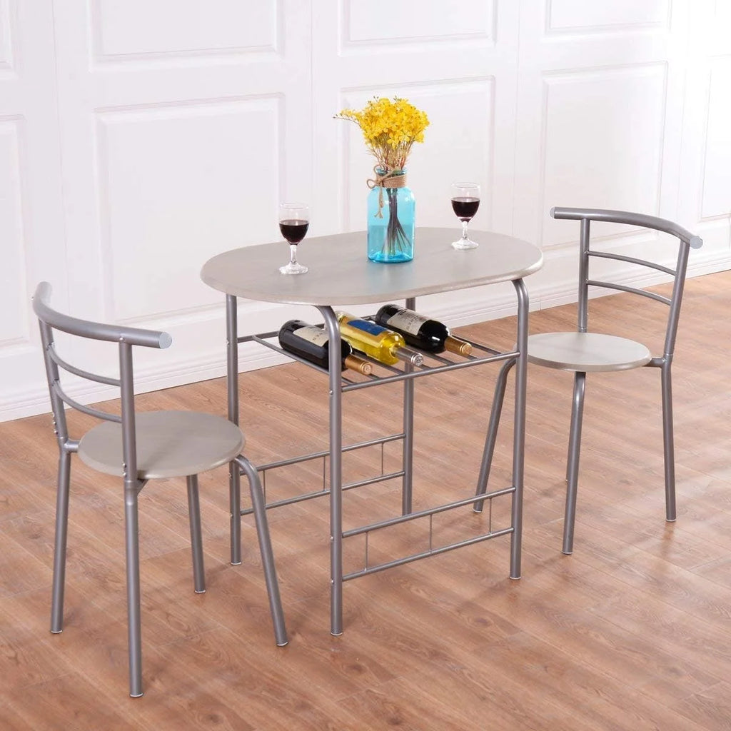 3 Piece Dining Table & Chair Set with Wine Rack and Storage Shelf X8014