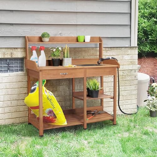 Wood Potting Bench with Sink Drawer Rack Shelves Q170756