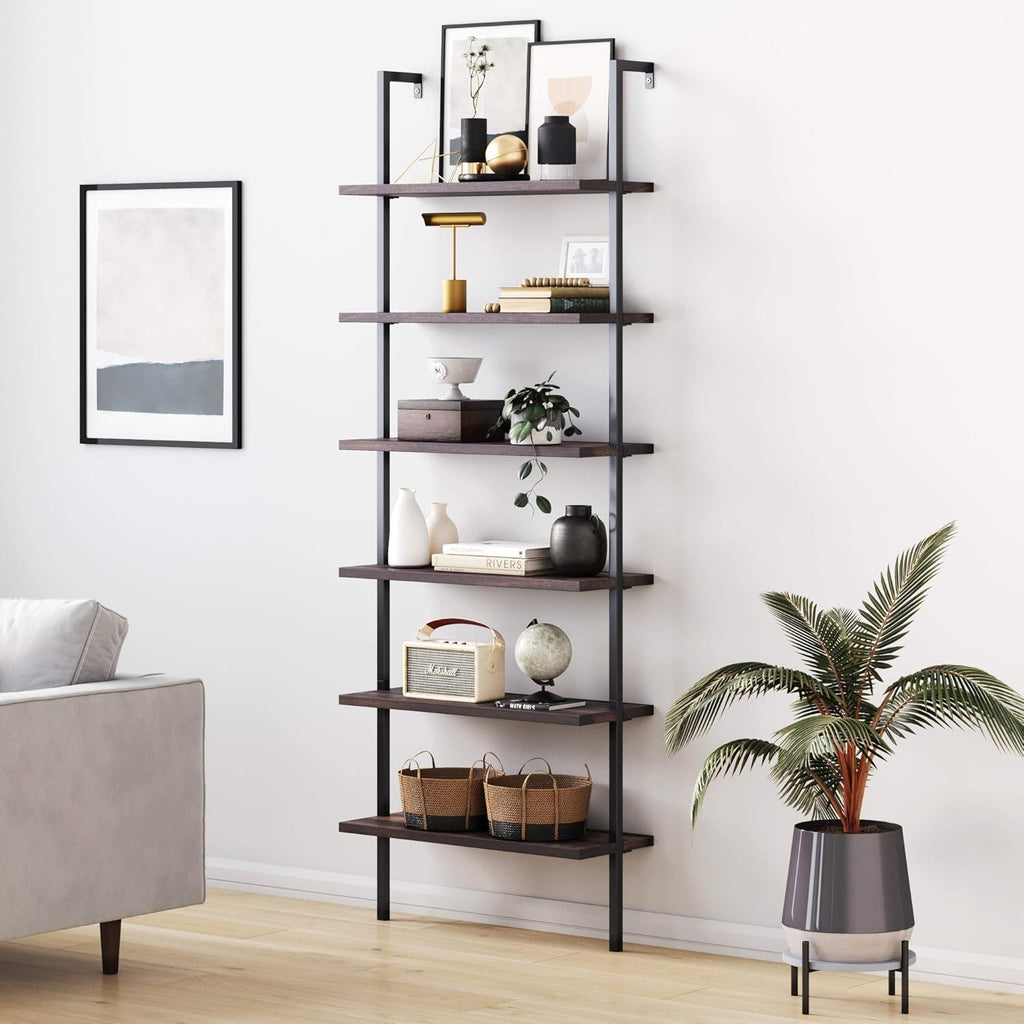 White/Gold 5-Shelf Ladder Bookcase with Metal Frame D755