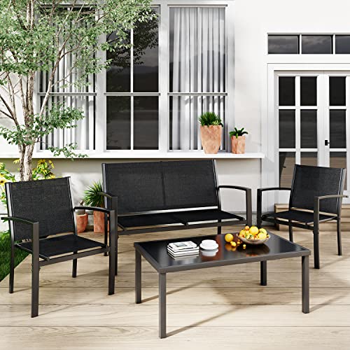 4 Pieces Patio Furniture Set with Glass Coffee Table, Black N363929