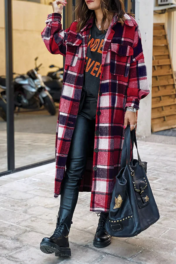 Plaid Button Pocket Shirt Collar Outerwear L9747