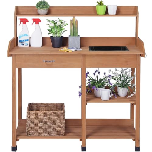 Wood Potting Bench with Sink Drawer Rack Shelves Q170756