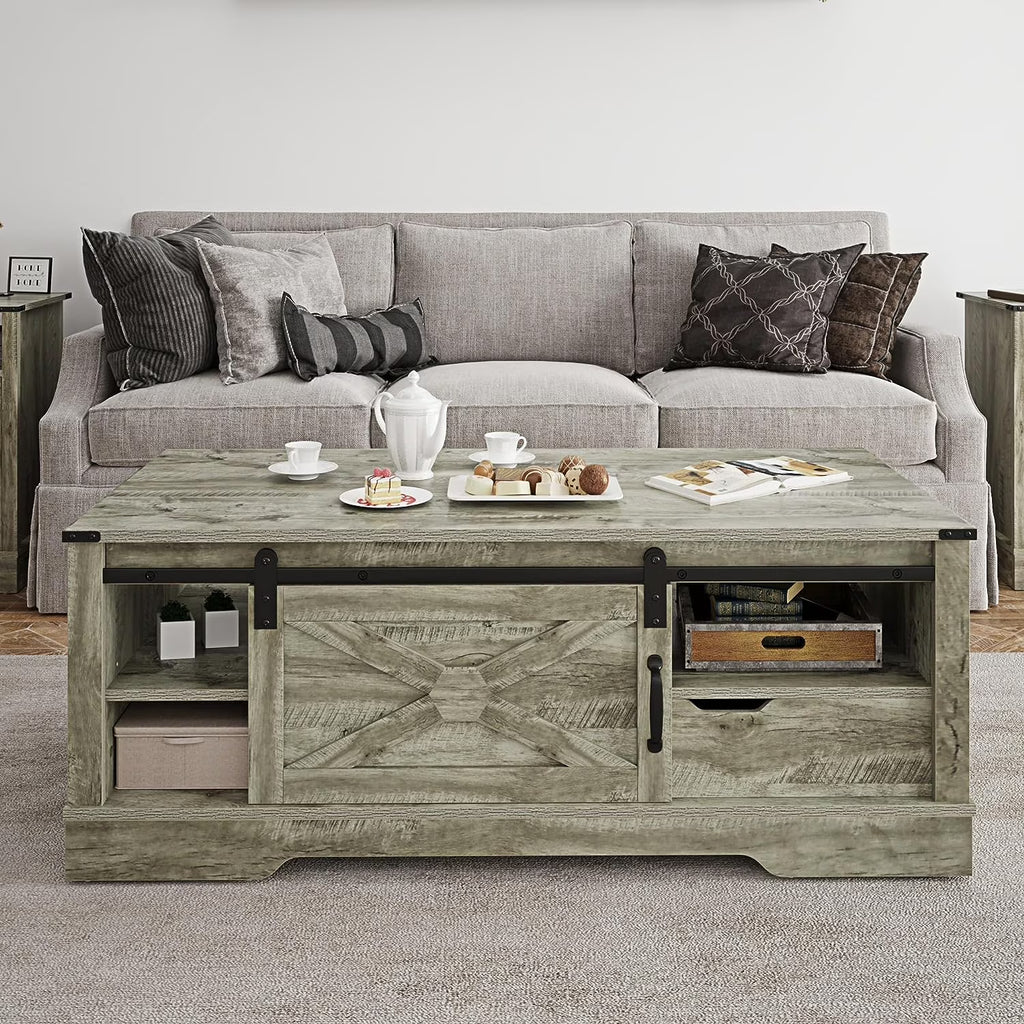 Warm Grey Rectangular Coffee Table with Storage Drawer and Sliding Barn Door D490