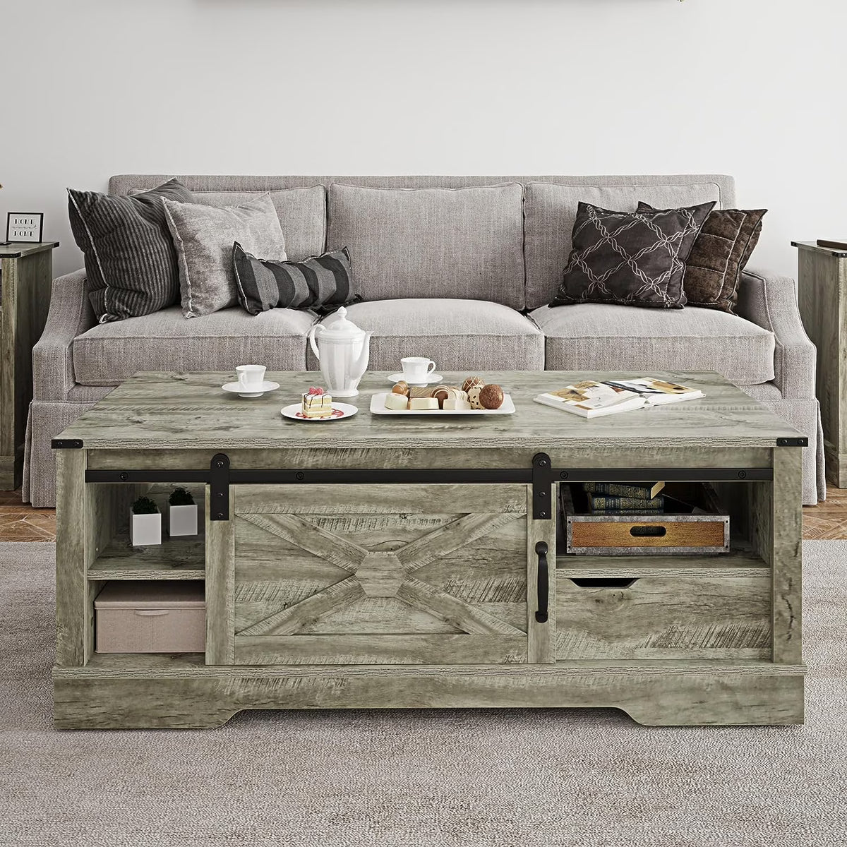 Warm Grey Rectangular Coffee Table with Storage Drawer and Sliding Barn Door D490