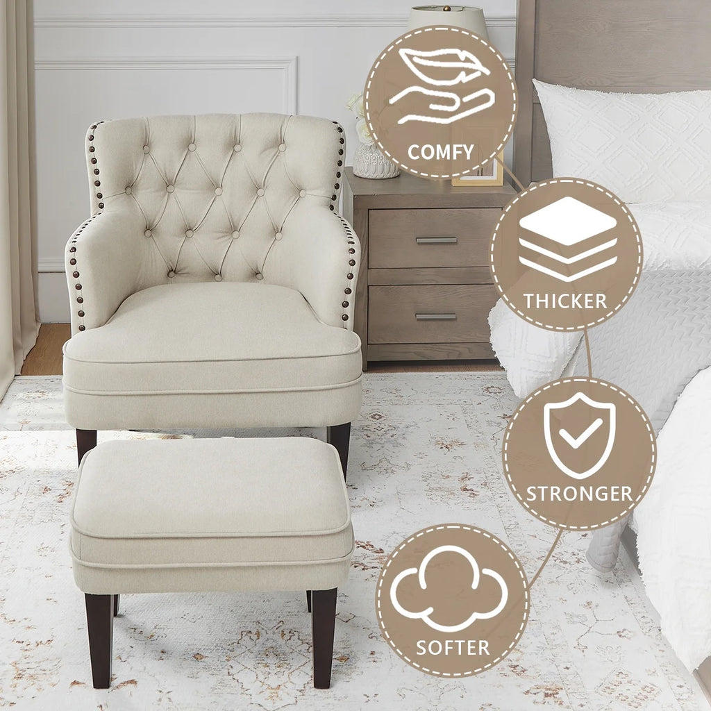 Beige Tufted Accent Chair with Ottoman C164