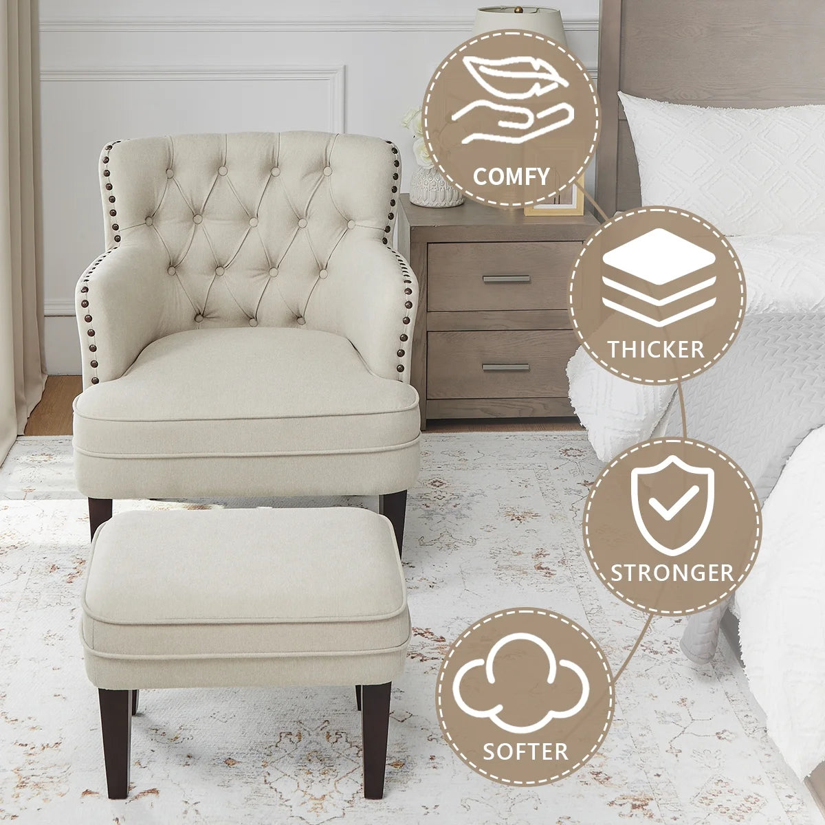 Beige Tufted Accent Chair with Ottoman C164