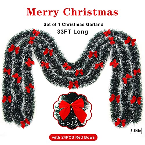 33FT Artificial Pine Christmas Garland with 24Pcs Red Bows F397