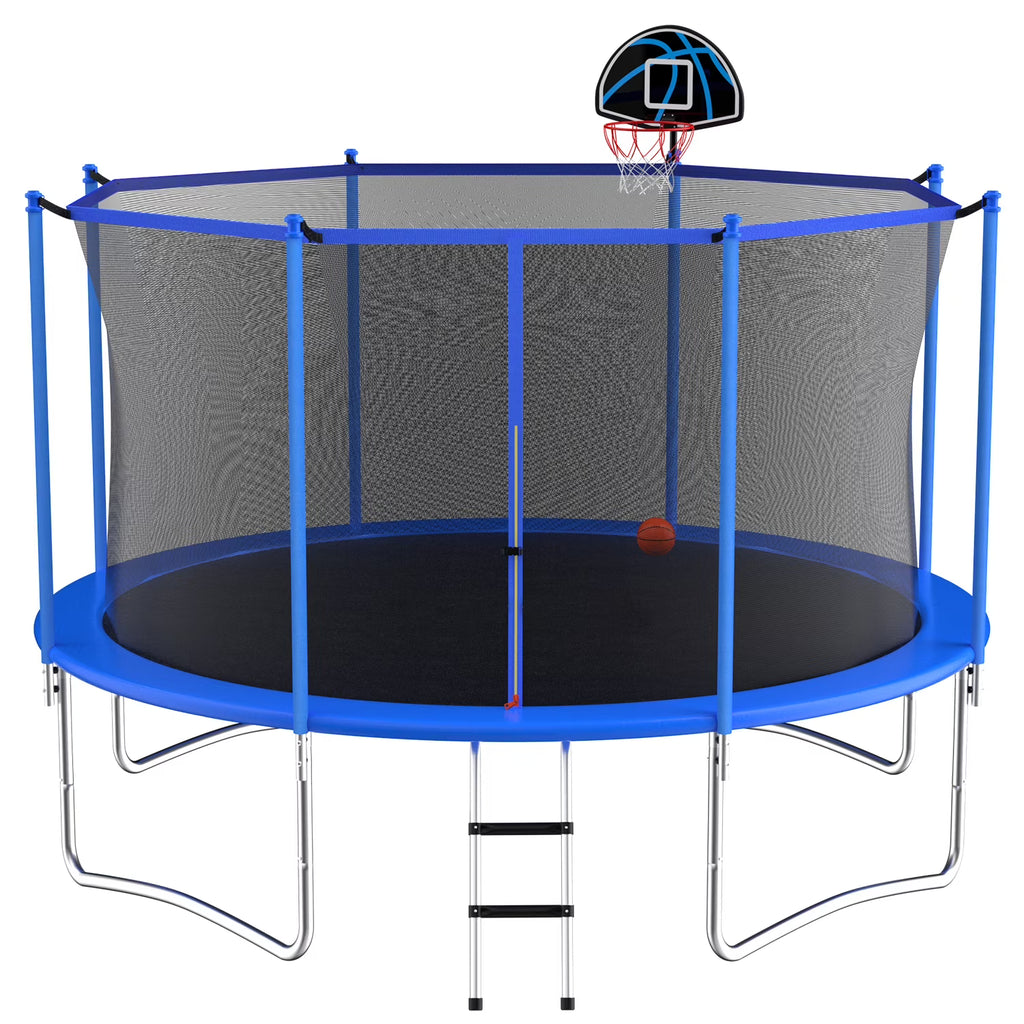 10 Feet Blue Outdoor Trampoline with Basketball Hoop and Safety Enclosure S6556