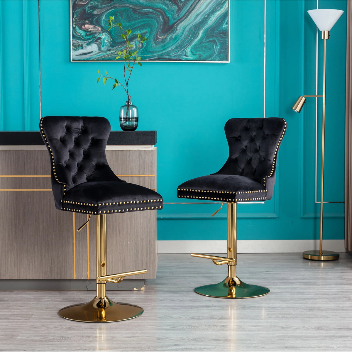 Black Velvet Swivel Bar Stools, Set of 2 E411936