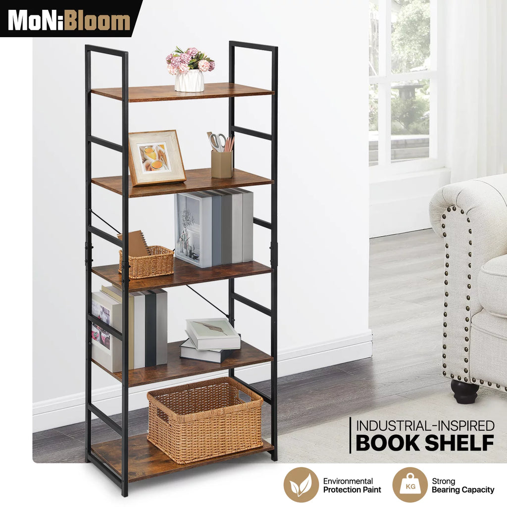 5 Shelves Rustic Bookcase with Metal Frame N125473