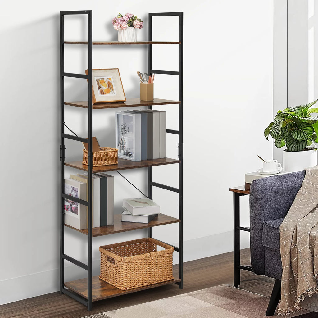 5 Shelves Rustic Bookcase with Metal Frame N125473