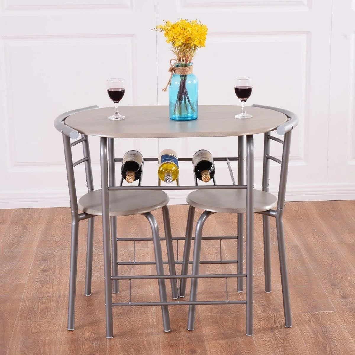 3 Piece Dining Table & Chair Set with Wine Rack and Storage Shelf X8014