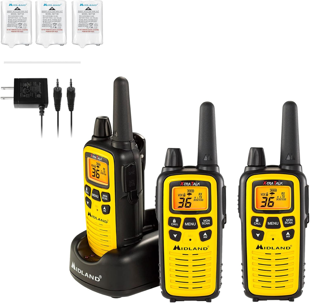 36 Channel FRS Two-Way Radio Walkie Talkie, 121 Privacy Codes, NOAA Weather Scan + Alert, Yellow/Black, 3-Pack P84648