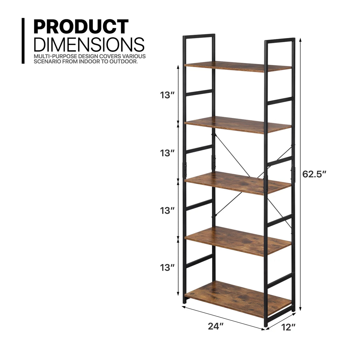 5 Shelves Rustic Bookcase with Metal Frame N125473