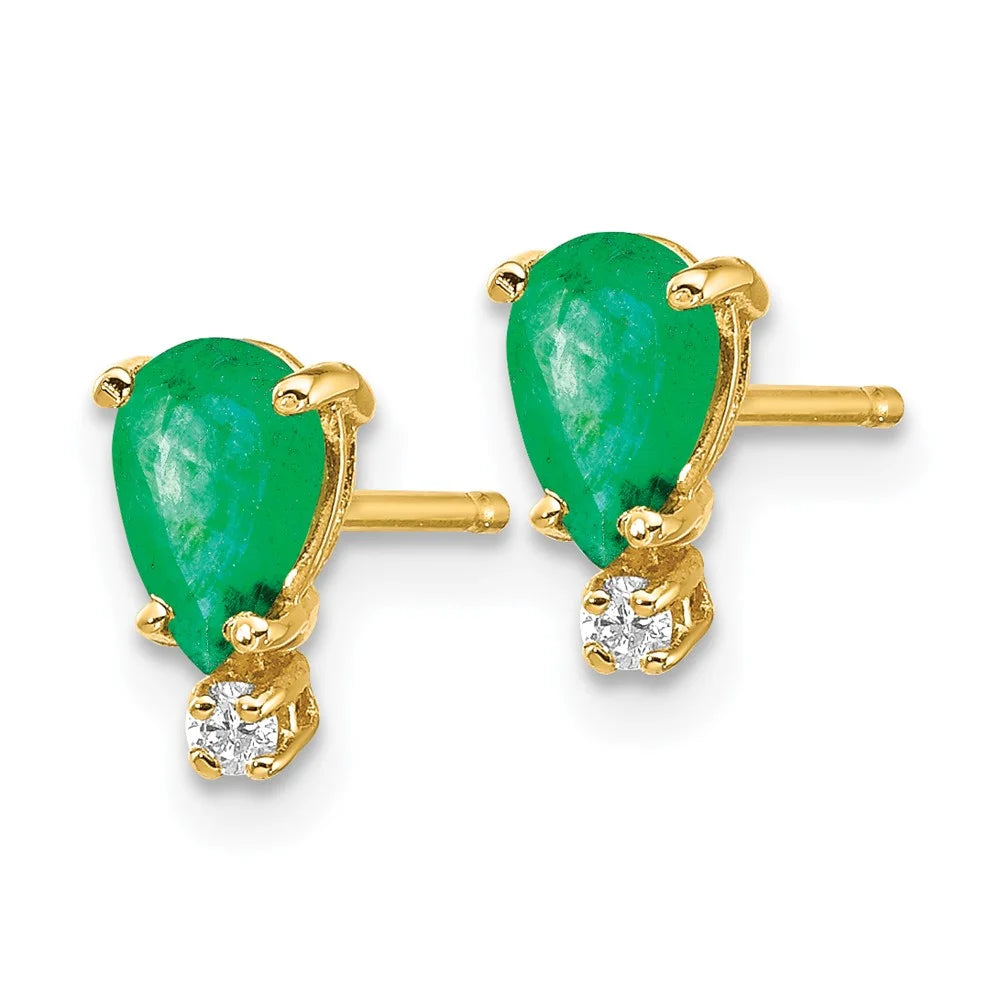 14 Karat Yellow Gold Emerald Diamond Post Earrings A419