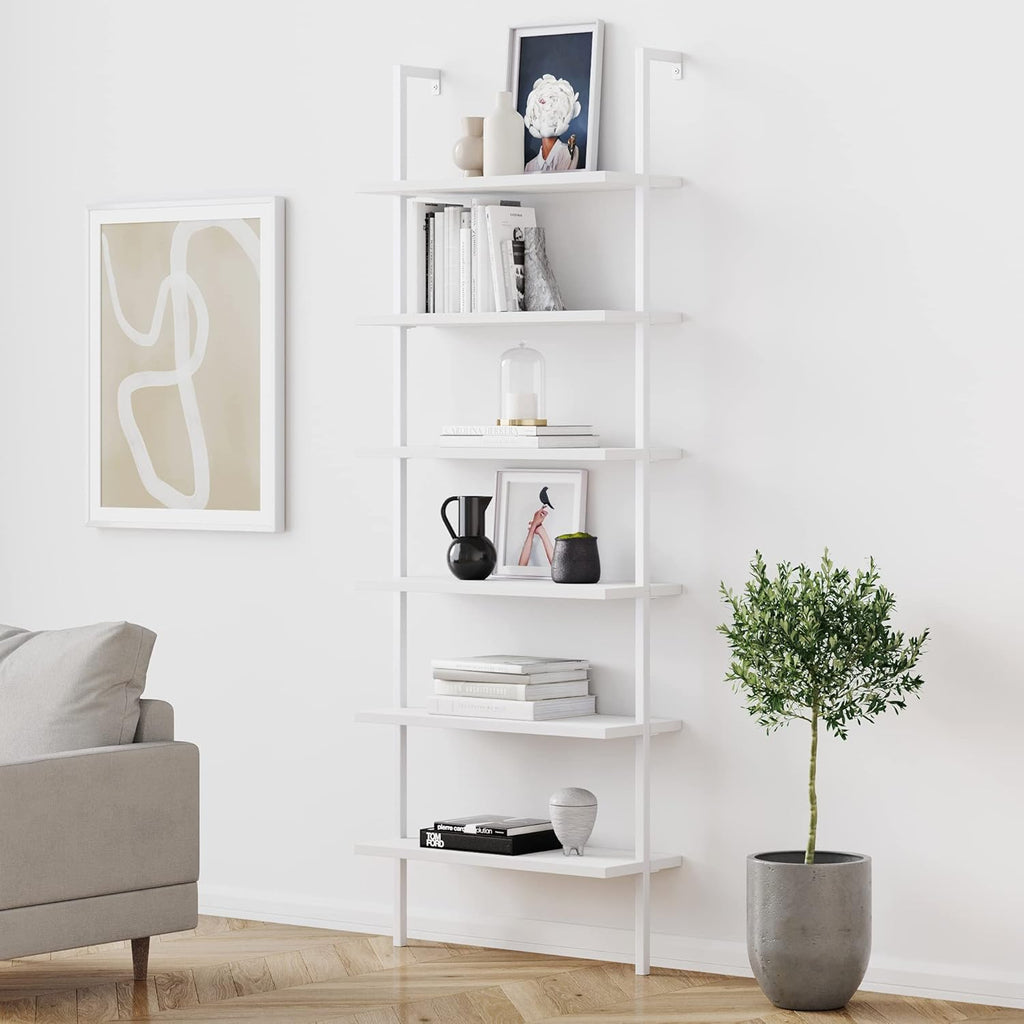 White/Gold 5-Shelf Ladder Bookcase with Metal Frame D755