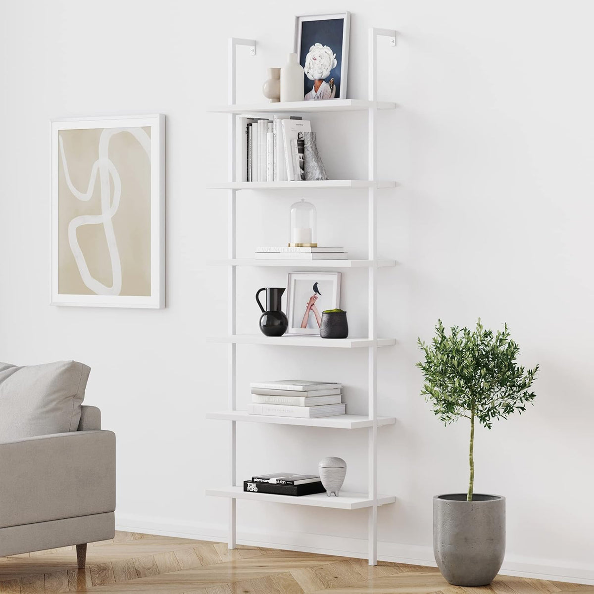 White/Gold 5-Shelf Ladder Bookcase with Metal Frame D755