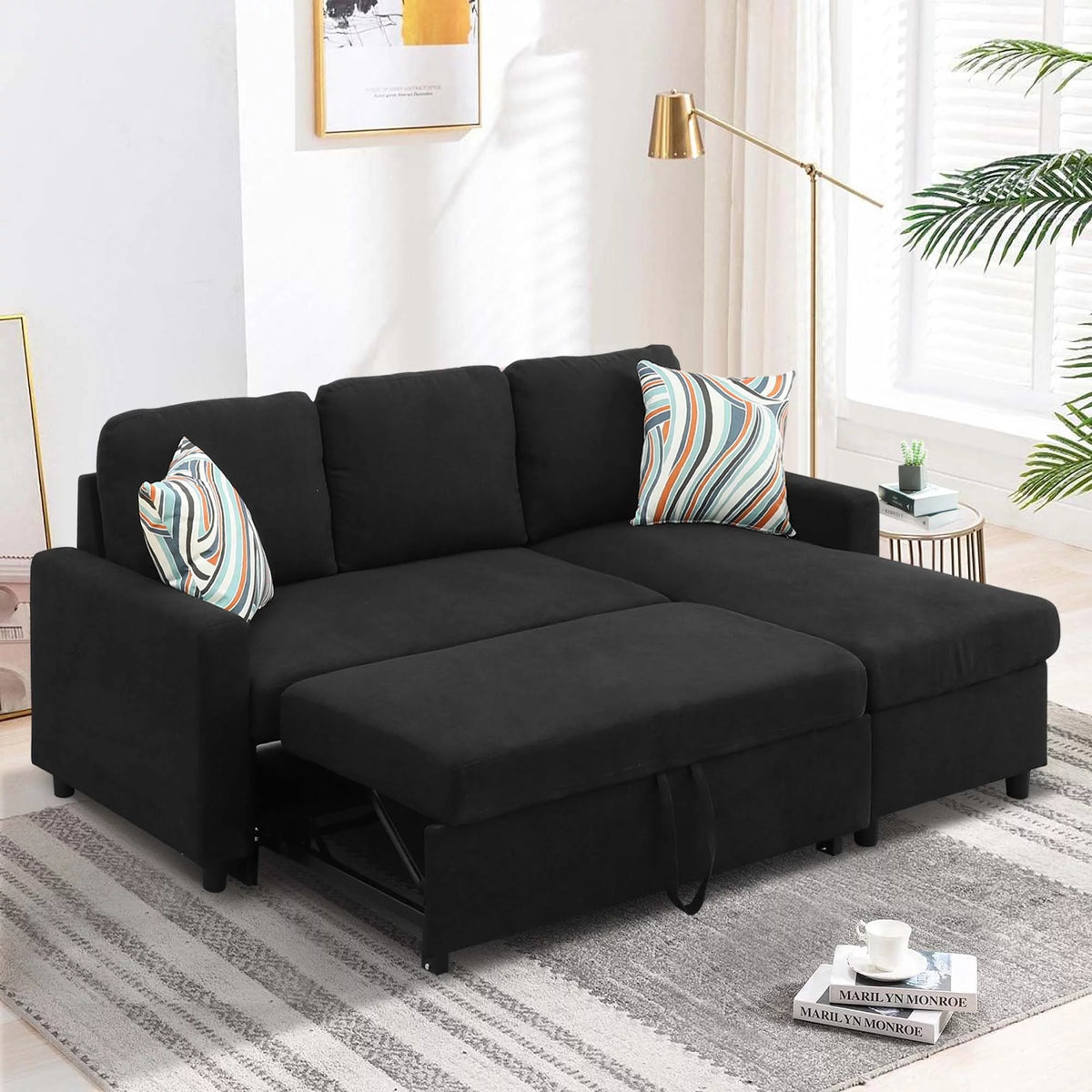 Black 2 in 1 Sofa Sleeper with Storage Chaise X210469