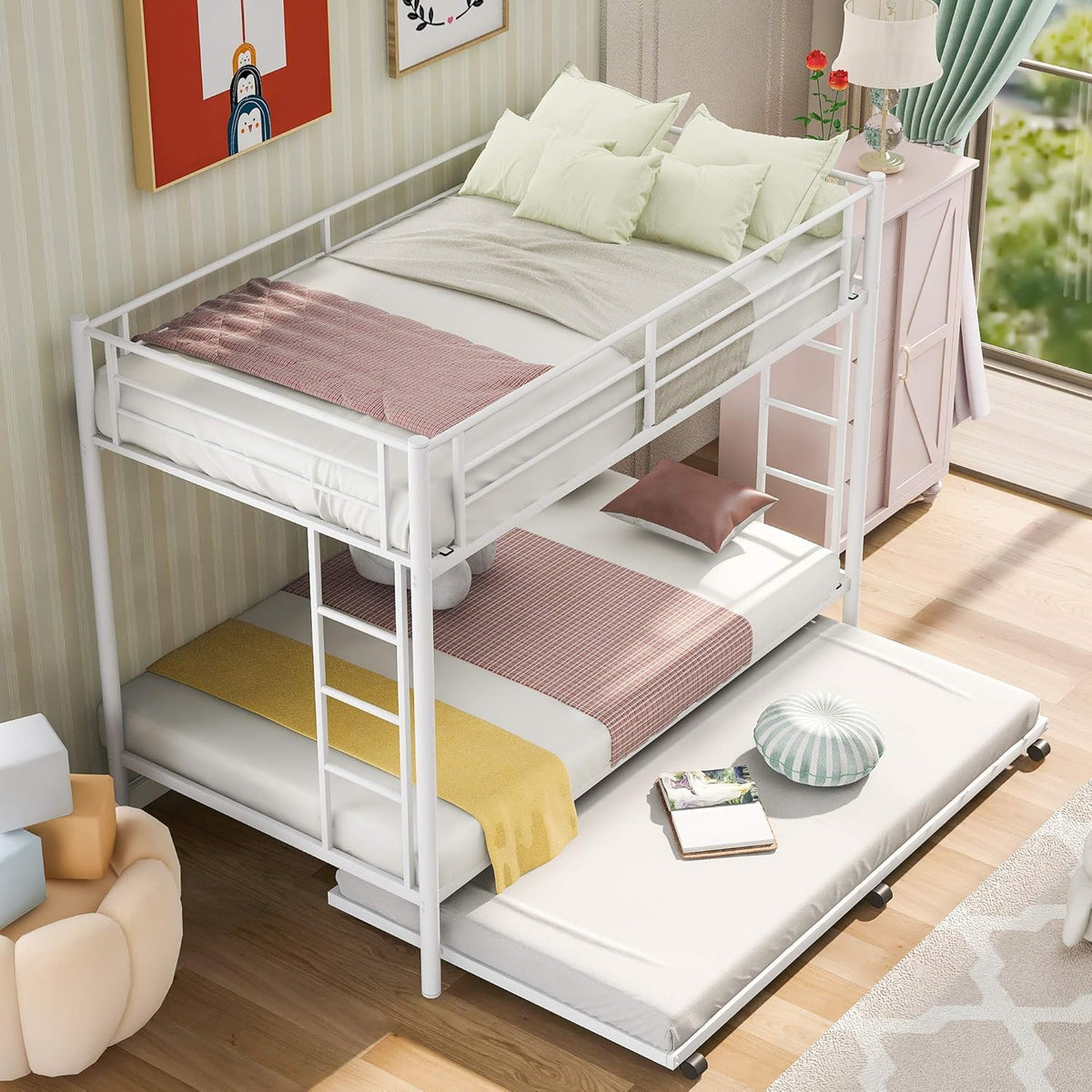 Black Twin Over Twin Metal Bunk Bed with Trundle L5215