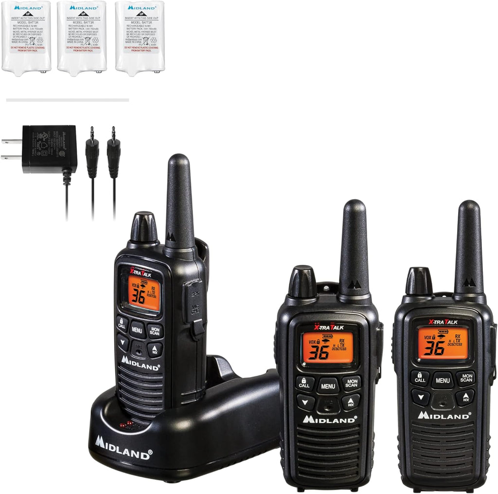 36 Channel FRS Two-Way Radio Walkie Talkie, 121 Privacy Codes, NOAA Weather Scan + Alert, Yellow/Black, 3-Pack P84648
