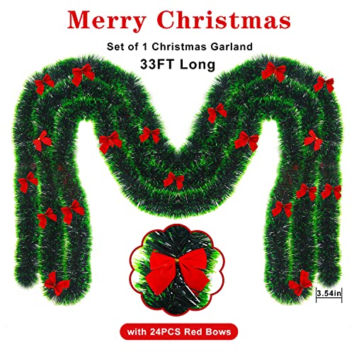 33FT Artificial Pine Christmas Garland with 24Pcs Red Bows F397