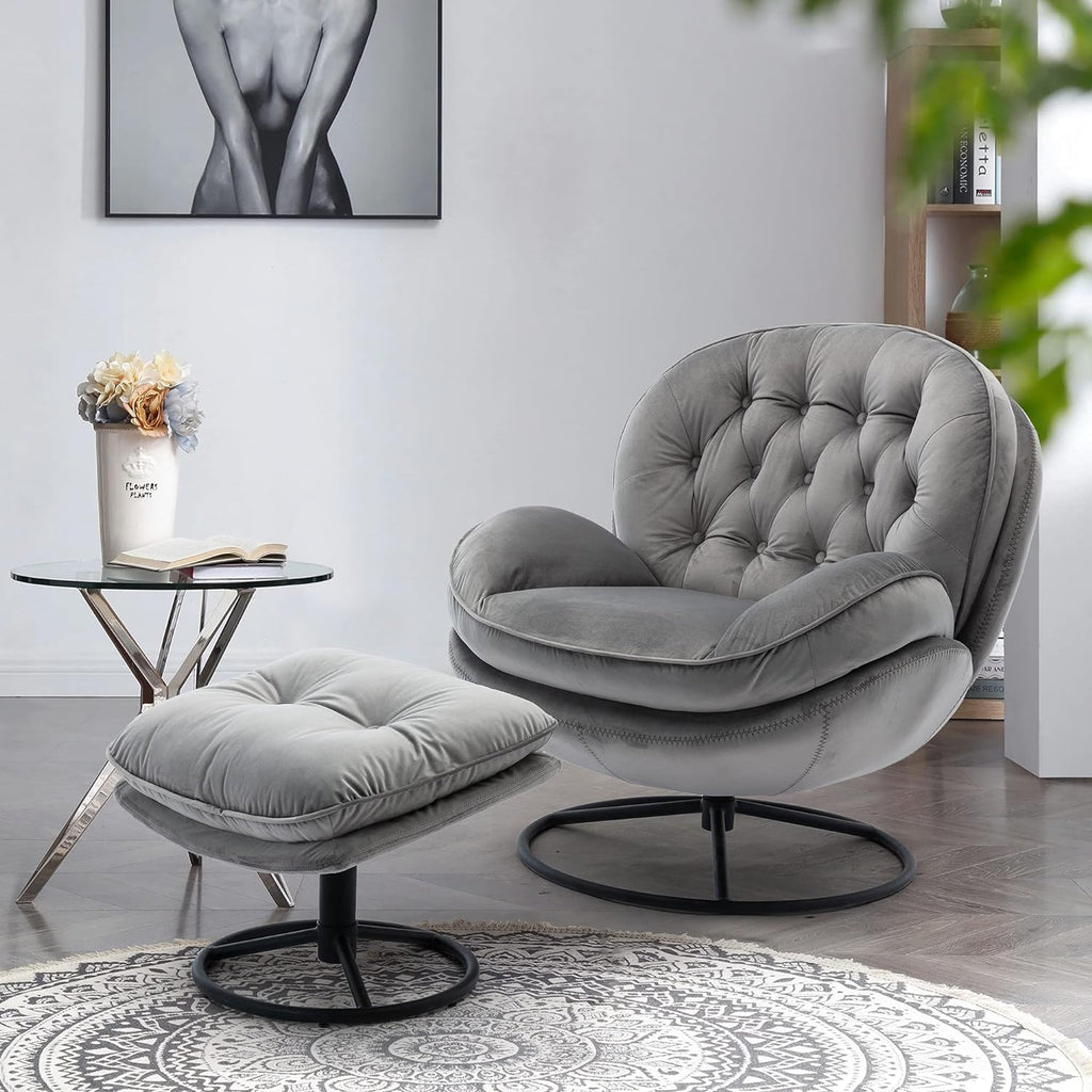 Grey Velvet Swivel Accent Chair with Ottoman and Metal Frame L55712