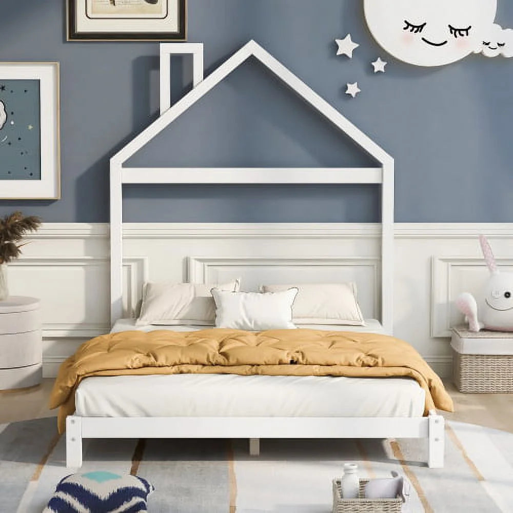 White Full Size Wood Platform Bed with House-shaped Headboard G528301