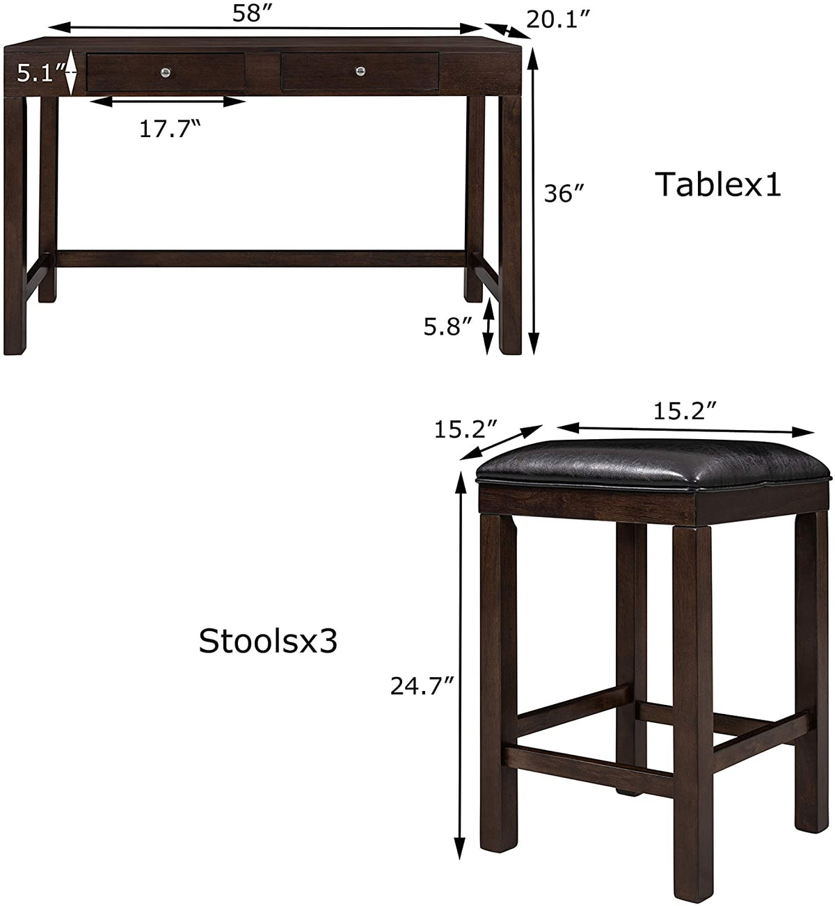 4-Piece Counter Height Dining Table Set with 3 PU Leather Padded Stools P195